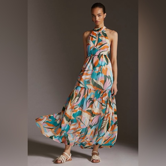 Anthropologie Maeve Keyhole Halter Maxi Dress in Blue Multi Size 1X Plus. - Picture 1 of 15